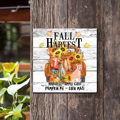 Vista 3 de Fall Harvest Sunflower American Bully - Cartel de madera retro de bienvenida para otoño, placa de pared de calabaza, granja, tablón de madera