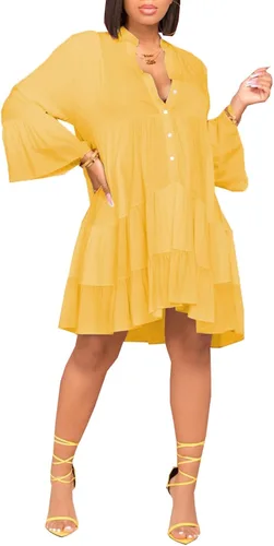 Vista 2 de FairyLove Women's Casual V Neck Dress Long Sleeve Flowy Babydoll Swing Ruffle Dress