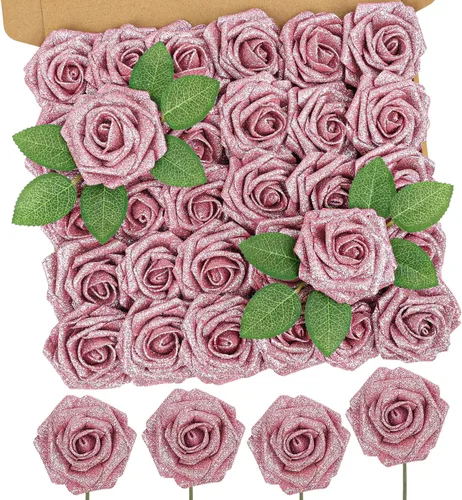 Vista 48 de MACTING 30 PCS Flores Artificiales Rosas Negras y Blancas Flores Falsas con Tallo Rosas de Espuma de Tacto Real para Boda Bola de Besos Ramillete