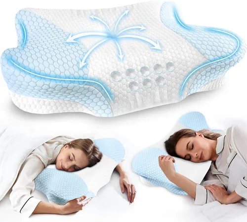 Vista 8 de Almohadas cervicales para el cuello para dormir de lado, paquete de 2 almohadas cervicales para aliviar el dolor, almohadas de espuma viscoelástica