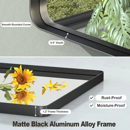 Vista 2 de Espejo rectangular para pared de baño de 20x30 pulgadas con marco negro mate, espejo de tocador con esquinas redondeadas, espejo de baño de metal