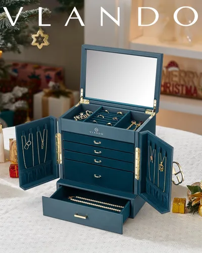 Vista 2 de Vlando Joyero grande, cajas de joyería y organizadores de 6 niveles, estuche de almacenamiento de joyas con espejo con 5 cajones, reloj de piel