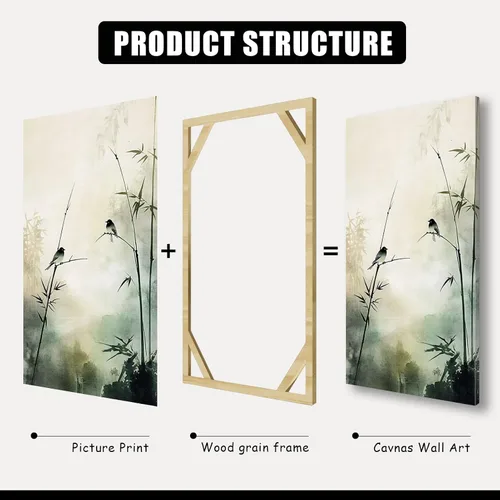 Vista 6 de Sutanun Lienzo de paisaje abstracto japonés para pared, impresión de bosque brumoso verde de tres paneles con pájaros y árboles, arte minimalista