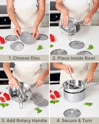 Vista 7 de Molinillo de Alimentos de Acero Inoxidable con 4 Discos Mejorado – Diseño Rotatorio Ergonómico para Salsa de Tomate, Puré de Manzana, Comida