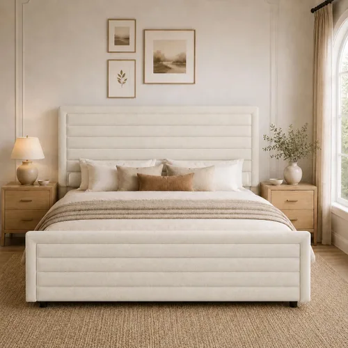 Vista 6 de REVOMINCA Armazón de cama tamaño completo (Full Size), plataforma tapizada con cabecera y pie de cama de terciopelo, base de colchón con listones