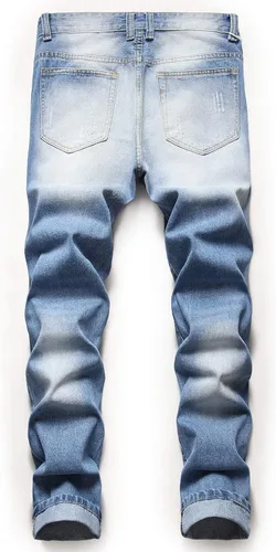 Vista 2 de Jeans rasgados para hombre, ajustados, ajuste regular, pierna cónica, desgastados, pantalones de mezclilla para hombre con agujero