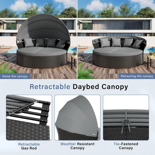 Vista 8 de Crownland Sofá cama redondo para patio con toldo retráctil, modular de mimbre con concha, muebles de mimbre para exteriores, sofá cama para patio