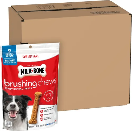 Vista 2 de Milk-Bone - Masticables originales para cepillar, golosinas dentales diarias para perros pequeños/medianos, 9 unidades (Paquete de 5) Acción
