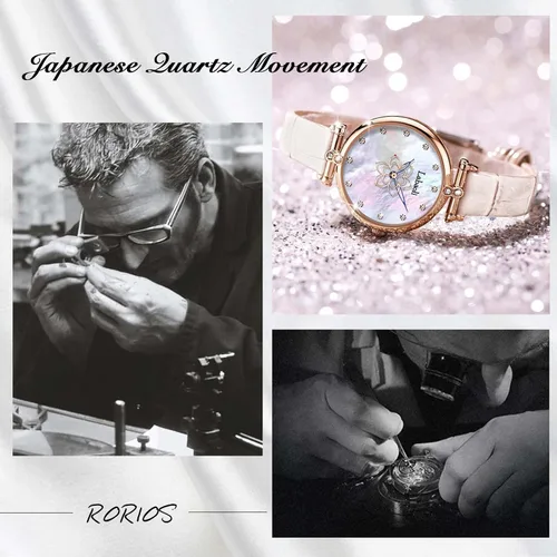 Vista 4 de RORIOS Reloj analógico de cuarzo impermeable para mujer, elegante reloj de pulsera de diamantes con esfera de madreperla y correa de cuero con flor