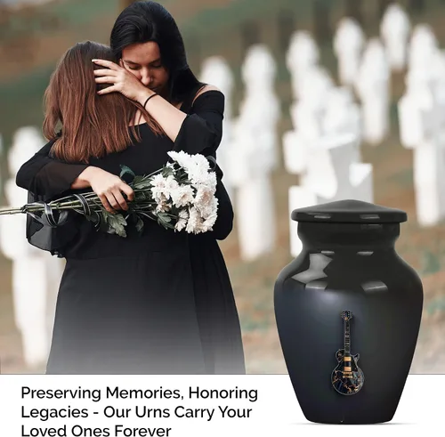 Vista 4 de Urnas negras de guitarra musical para cenizas, urna funeraria decorativa, regalo conmemorativo para hombres y mujeres, recuerdo de mini cenizas