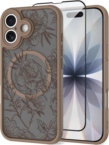 Vista 64 de OOK Funda magnética para iPhone 13 Pro Max [compatible con MagSafe] Funda delgada translúcida mate con flor silvestre negra, protección para lente
