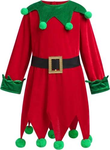 Vista 2 de Disfraz de elfo de Navidad para niños y niñas, vestido de lentejuelas de terciopelo con medias y zapatos, cubierta de sombrero de Papá Noel, trajes