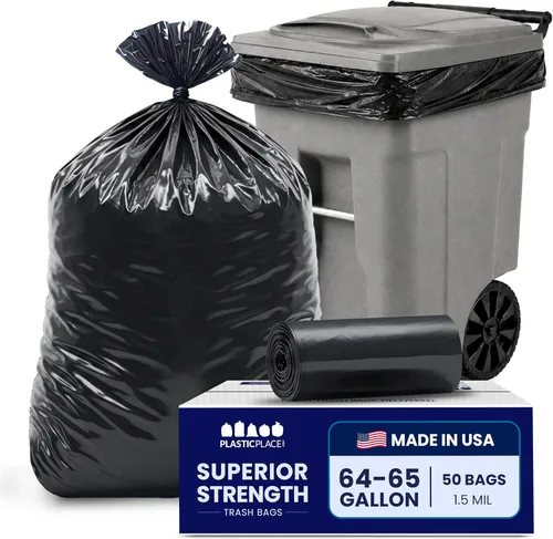 Vista 2 de Bolsas de basura de 64 galones para cubo, negras, 1,5 ml, 50 x 60, 50 bolsas) por caja Negro
