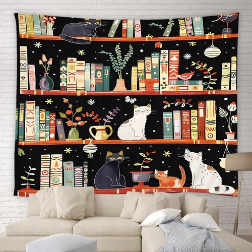 Vista 2 de Tapiz para estantería de gato, biblioteca mágica de fantasía, plantas florales bohemias, hippie para colgar en la pared, decoración artística
