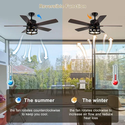 Vista 4 de Ventilador de techo de 52 pulgadas con luz, ventilador de techo de granja con 5 cuchillas de doble acabado de madera, ventilador de techo con motor