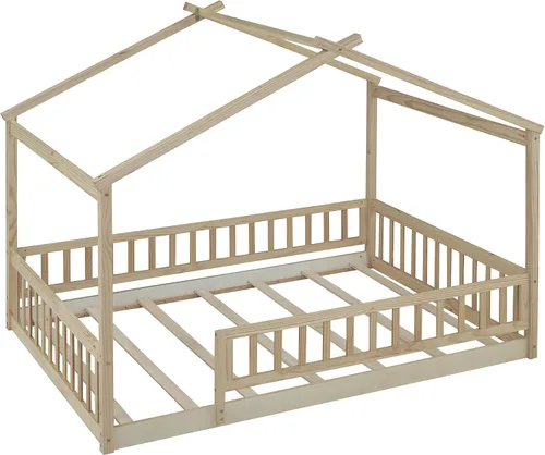 Vista 7 de RUNNA Marco de cama de madera de tamaño matrimonial con valla, para niños, adolescentes, niñas, niños, (Natural-Thinck 4col)