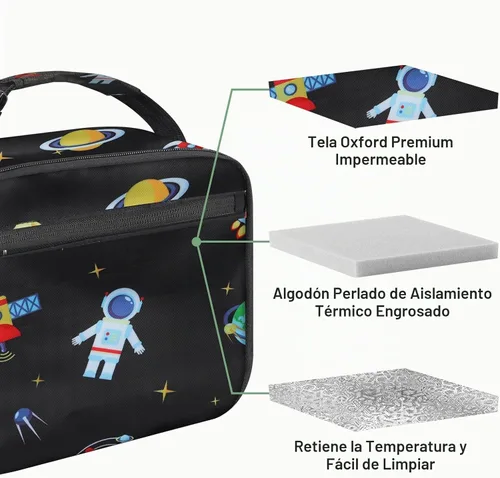 Vista 5 de Lonchera para niños y niñas, bolsa de almuerzo aislada y duradera, lonchera para niños con astronauta para la escuela