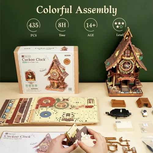 Vista 6 de ROKR Rompecabezas de madera 3D para adultos, kit de modelo de reloj de cuco, decoración del hogar de habitación, kit de fabricación de relojes