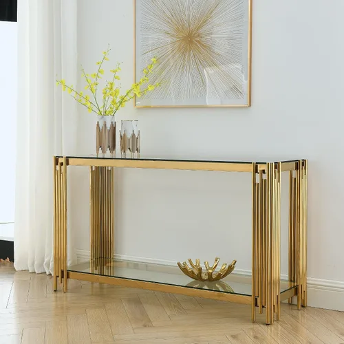 Vista 8 de Mesa de centro moderna de cristal, mesa de centro de sofá de 48 pulgadas con marco de acero inoxidable dorado y parte superior de vidrio negro, mesa