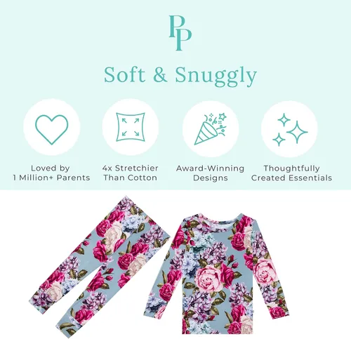 Vista 103 de Posh Peanut Pijamas para niñas, suaves, de viscosa de bambú para niños, pijamas a juego de manga larga para niñas