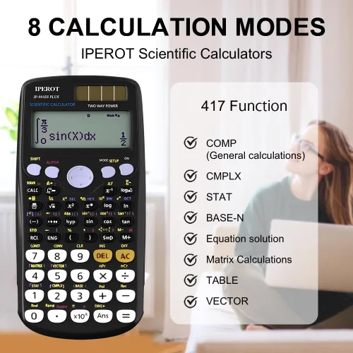 Vista 6 de Calculadoras científicas, IPEROT Calculadora matemática negra con 417 funciones, energía solar y batería de 4 líneas, suministros escolares