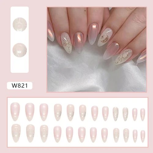 Vista 2 de Aurora - Uñas postizas a presión degradadas, uñas postizas largas de almendra, diseño de sol y luna brillante, uñas artificiales reutilizables