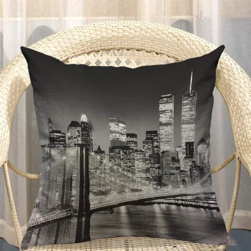 Vista 4 de Mugod Funda de almohada con diseño de ciudad de Nueva York, paisaje nocturno, puente de edificio, color negro y blanco, funda de cojín de lino