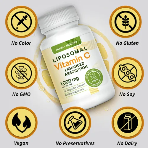 Vista 5 de Suplemento de vitamina C liposomal Moon + Mercury, 1000 mg, 60 cápsulas Fórmula de vitamina C a base de lípidos con 1000 mg por porción; 60