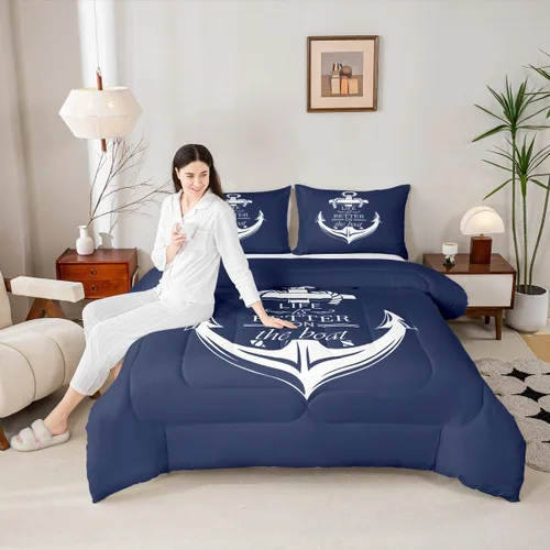 Vista 21 de Castle Fairy Juego de edredón de verano para niños, tamaño individual, diseño náutico reversible con diseño náutico de estrellas de mar, barco y Azul