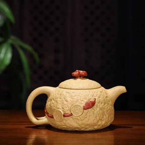 Vista 3 de Tetera china Zisha arcilla tetera cerámica hecha a mano Gongchun Lucky Money Toad Tea Pot Amarillo Dorado Duan Barro Kungfu Hervidor