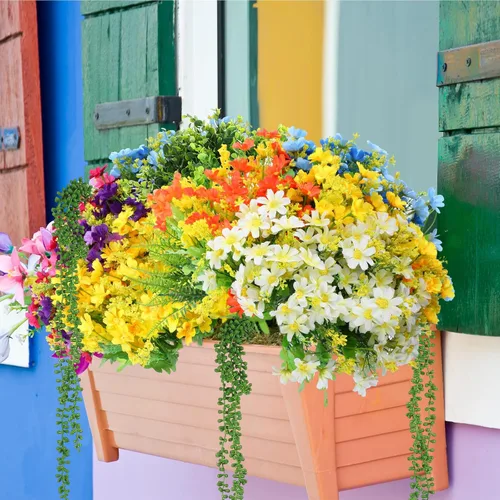 Vista 5 de Zeyune Juego de 48 plantas y flores colgantes falsas, ramo de flores de orquídeas coloridas, helecho boston, plástico, eucalipto, cesta suculenta