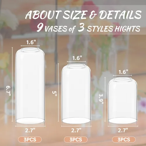 Vista 2 de Juego de 9 jarrones de cristal transparentes para centros de mesa, jarrón de cristal pequeño moderno para bodas, fiestas, centros de mesa