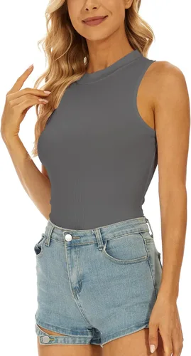 Vista 4 de YIJIU Camiseta sin mangas con cuello alto falso para mujer, sexy, ajustado, leotardo