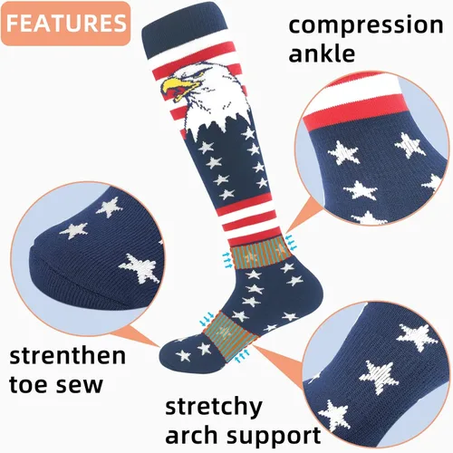 Vista 4 de Calcetines atléticos hasta la rodilla con la bandera estadounidense para béisbol, fútbol, sóftbol y fútbol