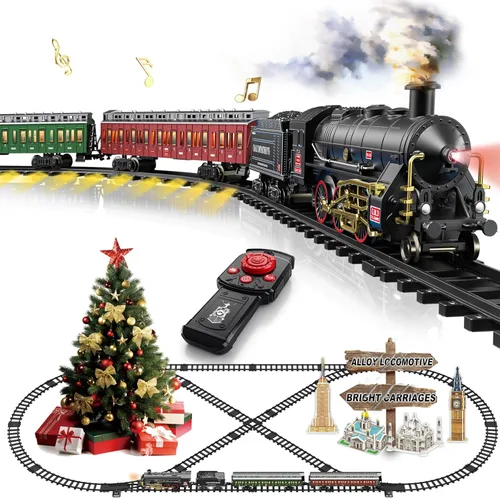 Vista 8 de Juego de tren eléctrico con pistas elevadas 3D, vagones de pasajeros de locomotora, luces y modo silencioso, tren de Navidad para niños, regalo