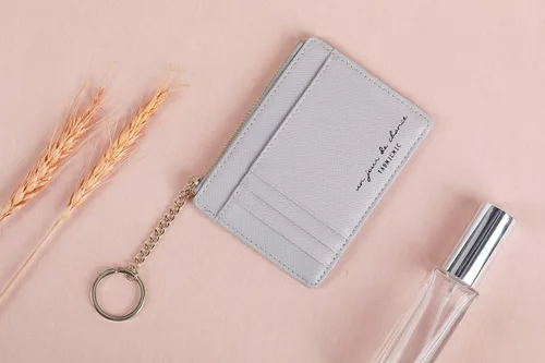 Vista 6 de Cartera pequeña de piel para mujer, con llavero, delgado, tarjetero, mini monedero con llavero.