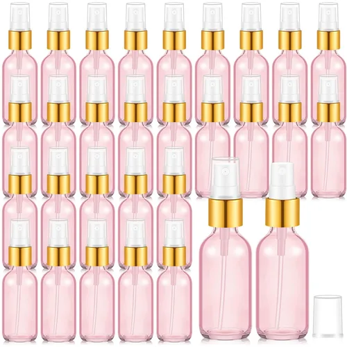 Vista 33 de Roshtia 30 botellas vacías decorativas transparentes de 0.33 onzas fluidas de color madera de haya con atomizador de perfume recargable, con bomba