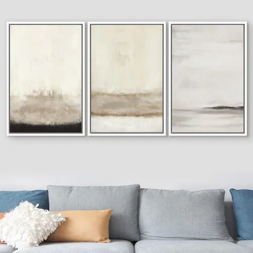 Vista 23 de SIGNFORD - Set de obras de arte en lienzo enmarcado para pared, ilustraciones abstractas de neblina del desierto en tonos neutros beige y marrón