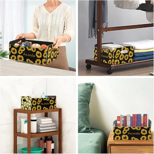 Vista 7 de CaTaKu Cesta de almacenamiento personalizada rectangular con asa, organizador de girasol, cesta con nombre para niñas