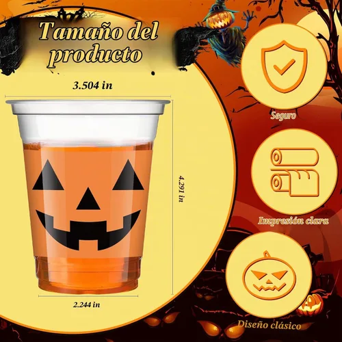 Vista 2 de Meanplan 90 vasos de plástico para fiesta de Halloween de 12 onzas desechables transparentes con estampado aterrador para licor, café, jugo