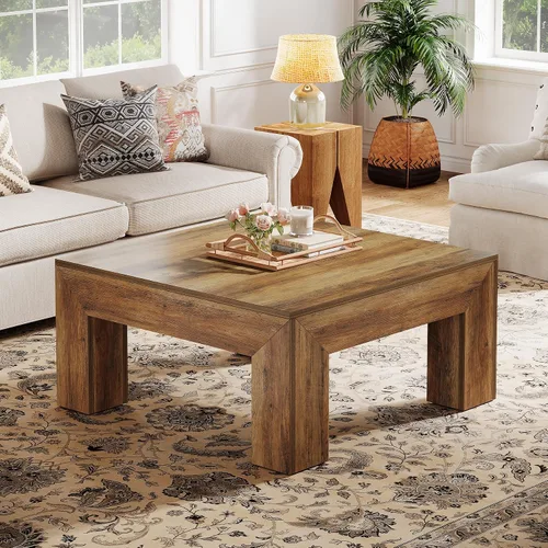 Vista 8 de Tribesigns - Mesa de café cuadrada estilo granja para sala de estar, mesa de centro baja grande de 39.37 pulgadas con patas resistentes, fácil Marrón