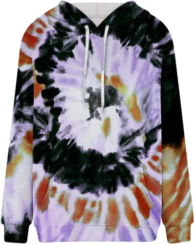 Vista 4 de Blusa de manga larga con capucha para mujer, con cordón, teñido anudado, holgada, ligera, con bolsillo
