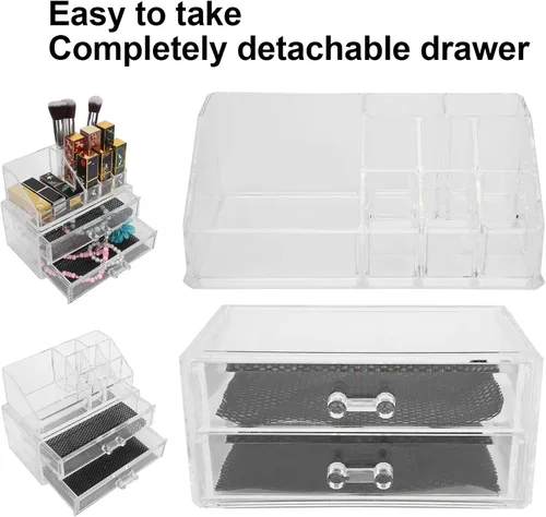 Vista 3 de Caja de almacenamiento de maquillaje, organizador transparente de dos niveles, joyería cosmética, lápiz labial, soporte para exhibición de lápiz