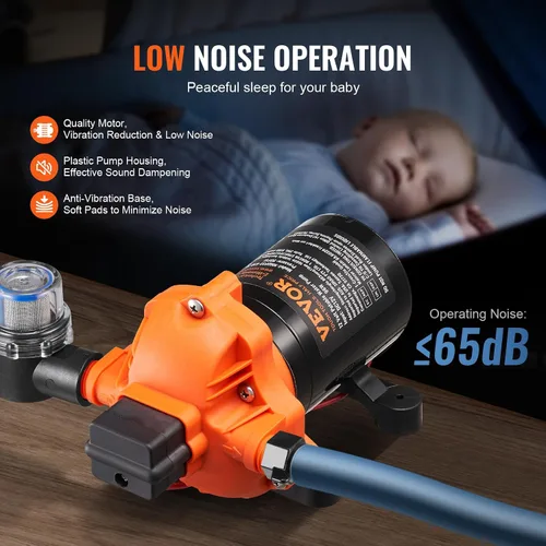 Vista 5 de VEVOR Bomba de diafragma de 12 V, 3 GPM (11.36 L/min), bomba de agua de 3 cámaras de 12 voltios CC con interruptor de presión automático 40-100 PSI