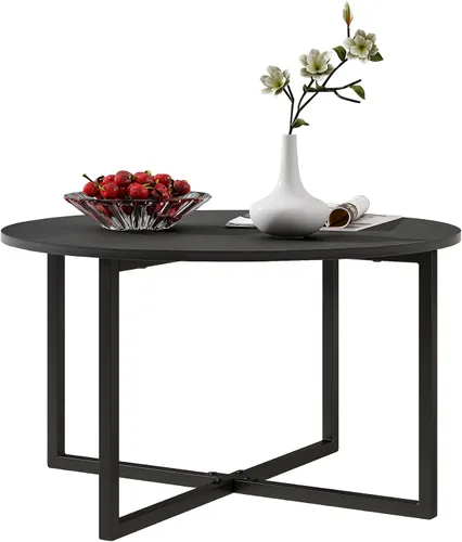 Vista 3 de HOMERECOMMEND Mesa de centro redonda anidable para sala de estar, escritorio de té con patas de metal negro, mesa de té, balcón, mesa de sofá