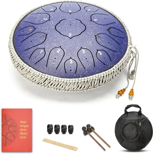 Vista 2 de Tambor de Lengua de Acero - ChunFeng 14 Pulgadas 15 Notas - Tambores de Acero para Adultos - Tambores Handpan con Libro de Música, Mazos de Tambor