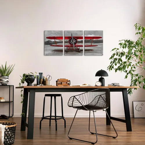 Vista 2 de 3 piezas vintage avión lienzo pared arte rojo Jet pinturas aviones rojo cuadros rojo y gris aviación carteles impresión para sala de estar