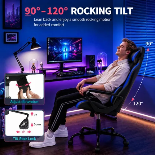 Vista 6 de FDW Gaming Chair PU Leather Computer Chair Executive Headrest Lumbar Support Ergonomic Racing Desk Chair with Armrests 360° Swivel & Caster Five Blue