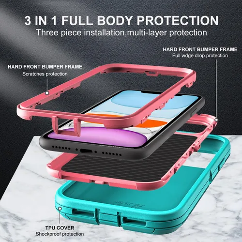 Vista 4 de YKHJKLEC Funda para iPhone 11, grado militar 3 en 1, resistente a los golpes, a prueba de caídas, polvo con 2 protectores de pantalla de vidrio Azul