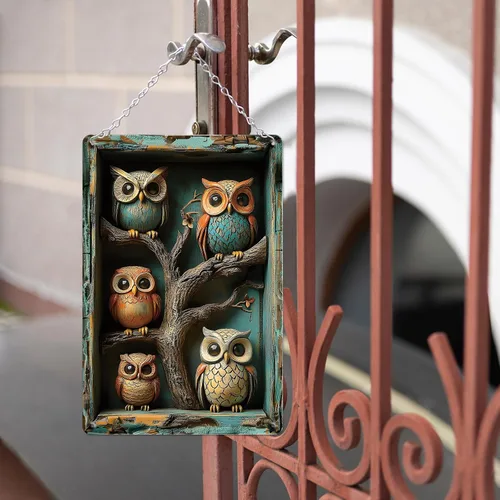 Vista 6 de Letrero de lata de búhos con diseño de efecto visual 3D, póster de metal para decoración de pared para el hogar, patio, cocina, restaurante